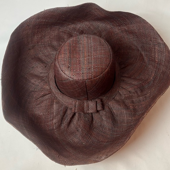 Madagascar Raffia Woven Straw Extra Wide Brim Beach Hat Flip Brim Red Brown - Picture 4 of 8